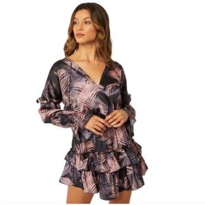 Tropical Leaf Print mini Dress MISA size s pink and black